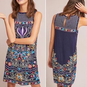 Anthropologie Maeve Kira Floral Embroidered Sleeveless Tunic Shift Dress Size 8